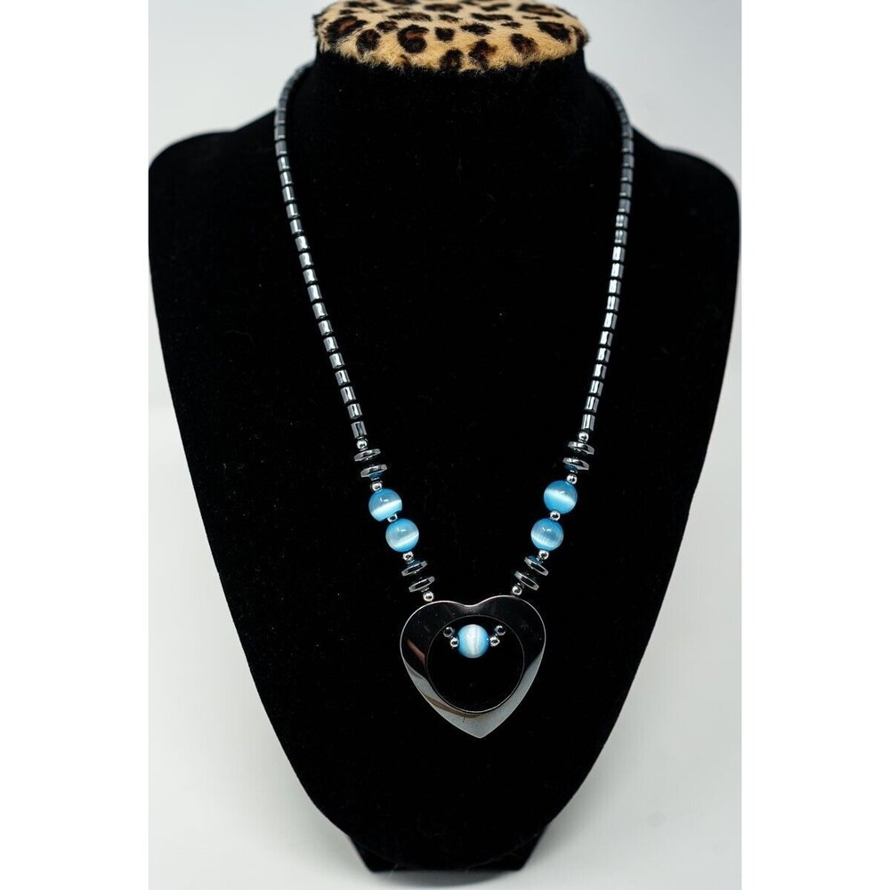 Hematite Necklace‎ blue tiger eye beads 17.5" heart